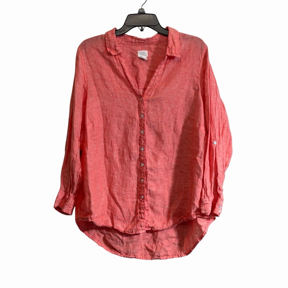 SIGRID OLSEN Women's Sz 1X 100% Linen Button Front Shirt Roll Tab Sleeve Coral